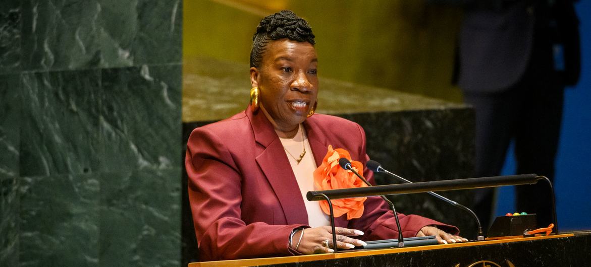 Tarana J. Burke, Chief Vision Officer for "Me Too" International, addresses the General Assembly high-level meeting to mark the 25th anniversary of The International Day for Elimination of Violence Against Women. Tarana J. Burke, Chief Vision Officer for "Me Too" International, addresses the General Assembly high-level meeting to mark the 25th anniversary of The International Day for Elimination of Violence Against Women.