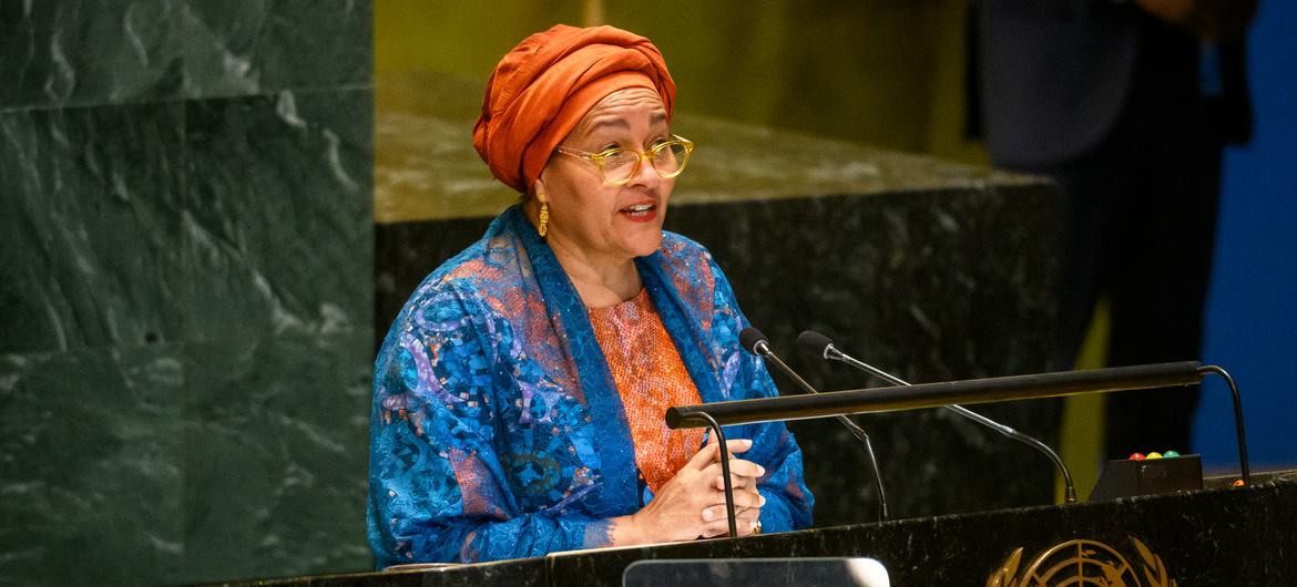 Deputy Secretary-General Amina J. Mohammed addresses the General Assembly high-level meeting to mark the 25th anniversary of The International Day for Elimination of Violence Against Women. Deputy Secretary-General Amina J. Mohammed addresses the General Assembly high-level meeting to mark the 25th anniversary of The International Day for Elimination of Violence Against Women.